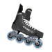 Black inline skates with yellow trim and white laces