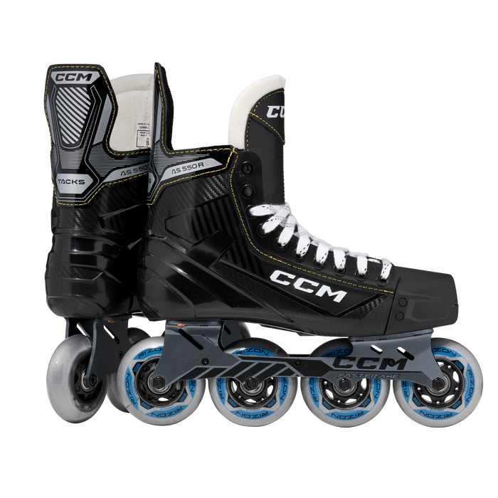 Black inline skates with yellow trim and blue wheels