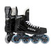 Black inline skates with yellow trim and blue wheels