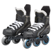 black roller skates with yellow stitching 