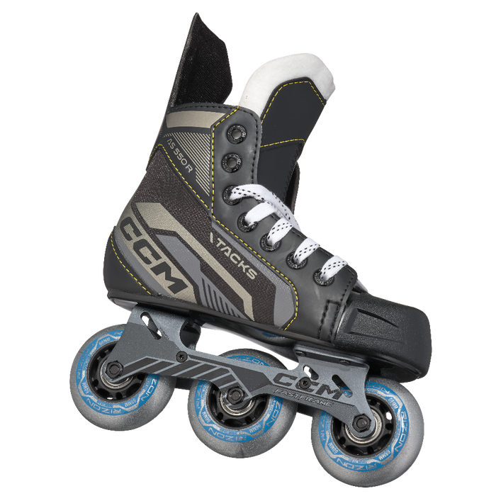 black roller skates with yellow stitching 