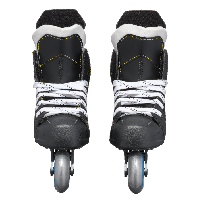 black roller skates with yellow stitching 