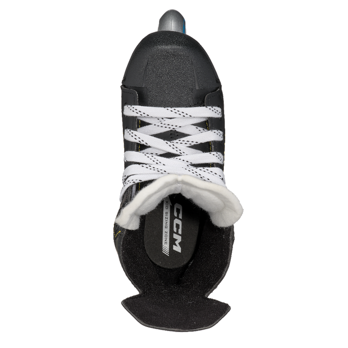 black roller skates with yellow stitching 