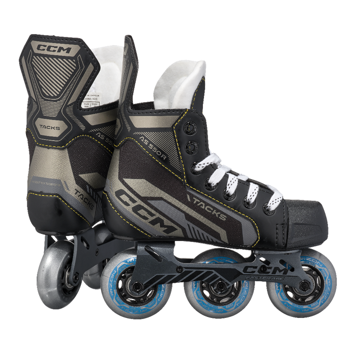 black roller skates with yellow stitching 