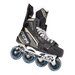 black ccm roller hockey skates with gold details and black wheels with blue details