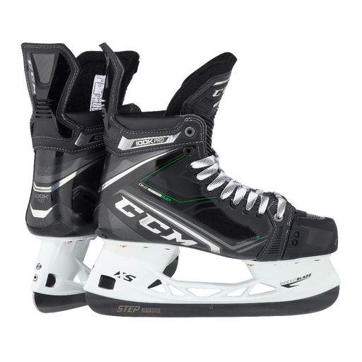 Black skates, with small green features. White laces and black lining