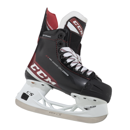 Black and red skates, with white and red laces and red lining