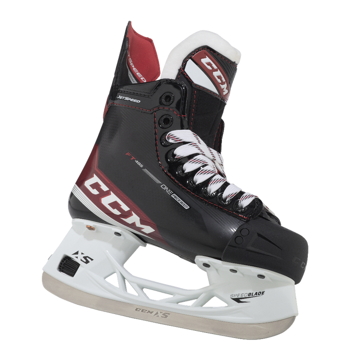 Black and red skates, with white and red laces and red lining