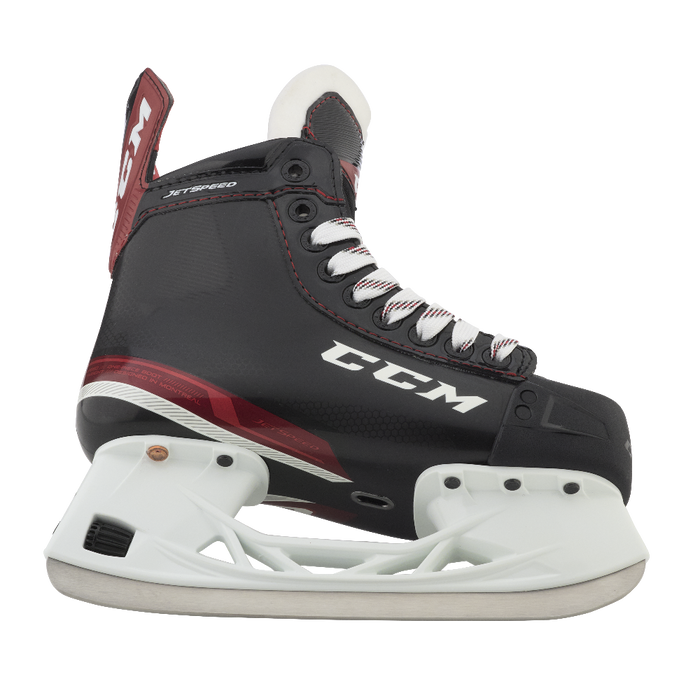 Black and red skates, with white and red laces and red lining
