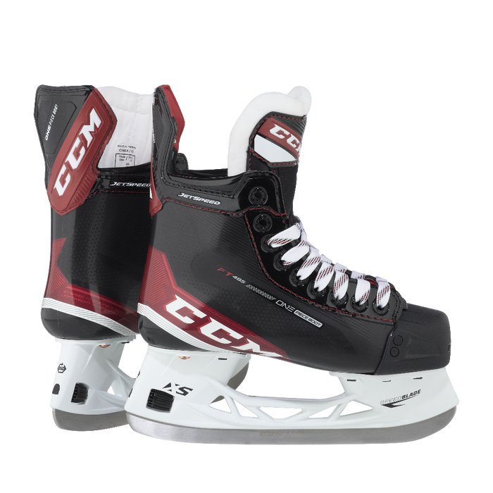 Black and red skates, with white and red laces and red lining