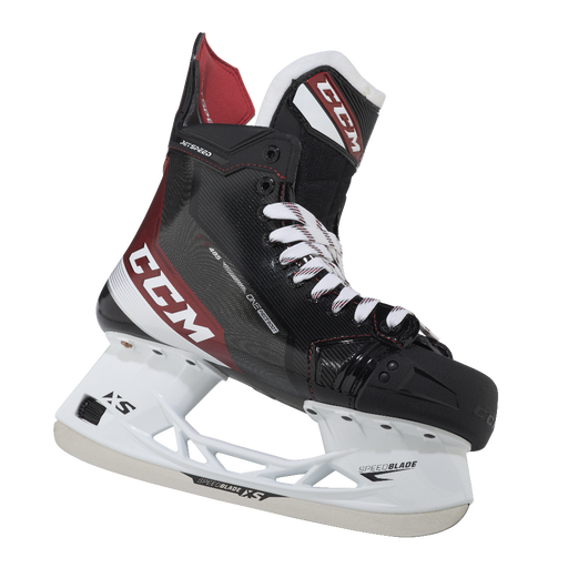 Black and red skates, with white and red laces and red lining