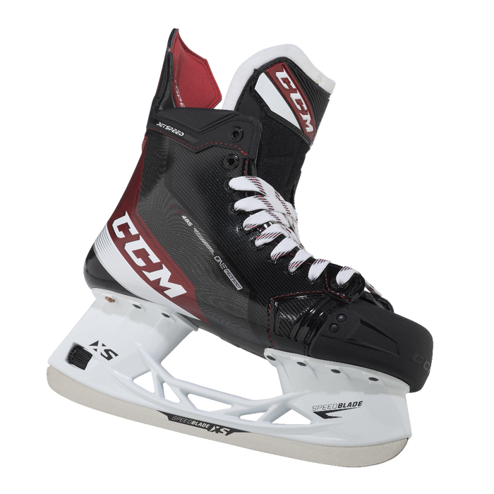 Black and red skates, with white and red laces and red lining
