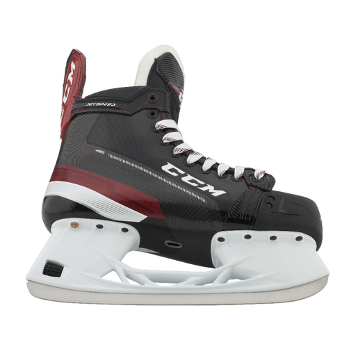 Black and red skates, with white and red laces and red lining