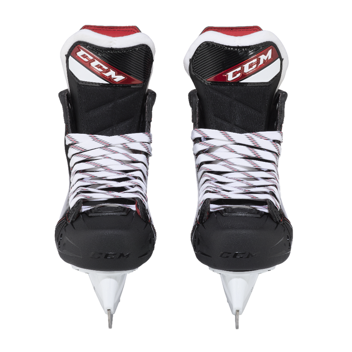 Black and red skates, with white and red laces and red lining
