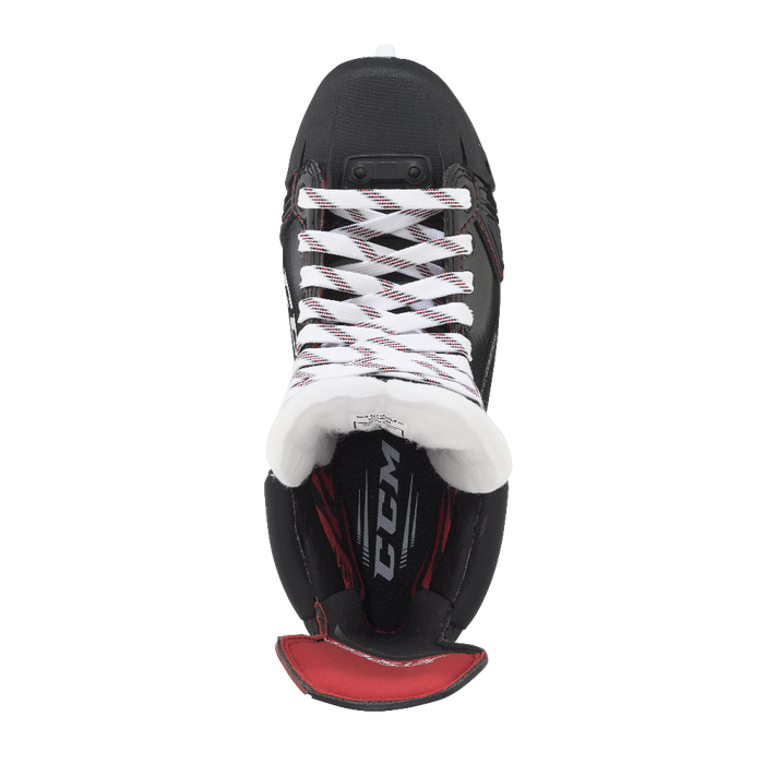 Black and red skates, with white and red laces and red lining