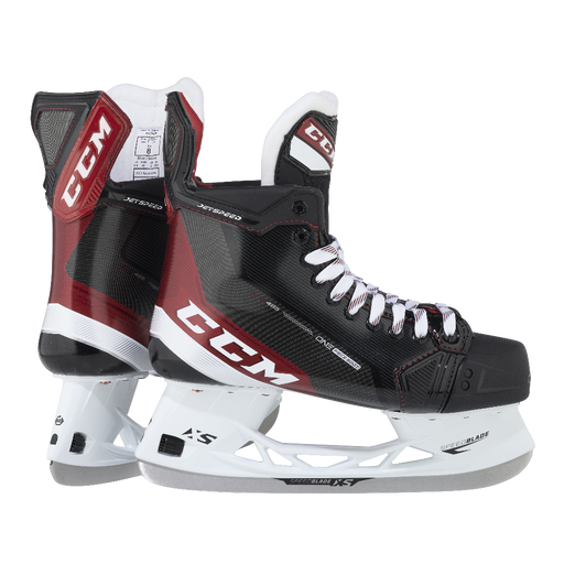 Black and red skates, with white and red laces and red lining