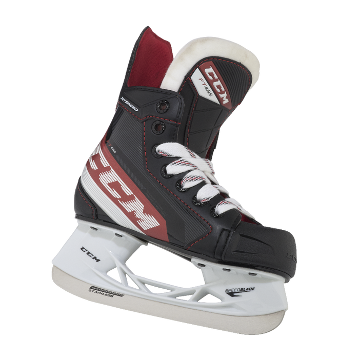 Black and red skates, with white and red laces and red lining