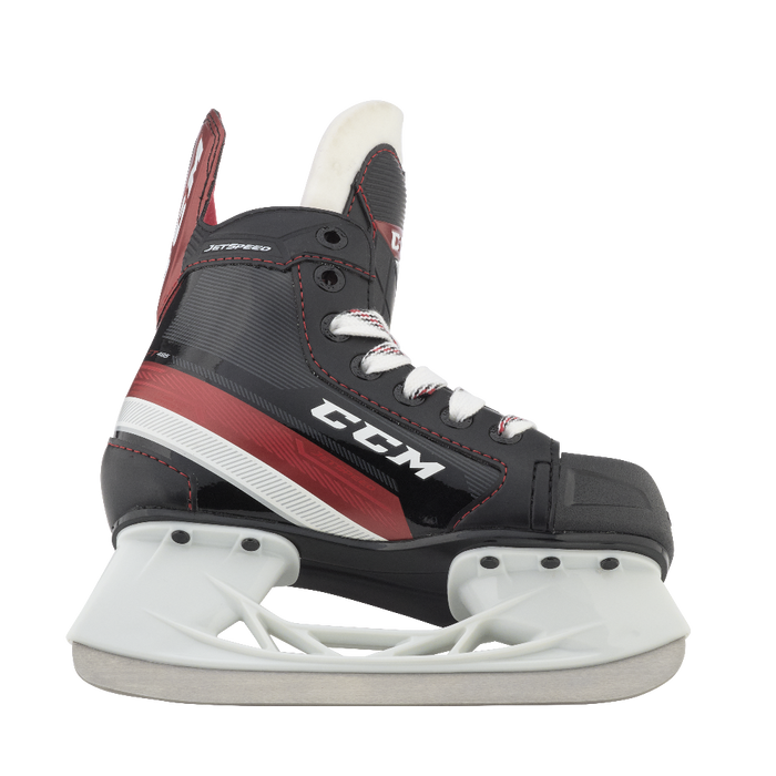 Black and red skates, with white and red laces and red lining