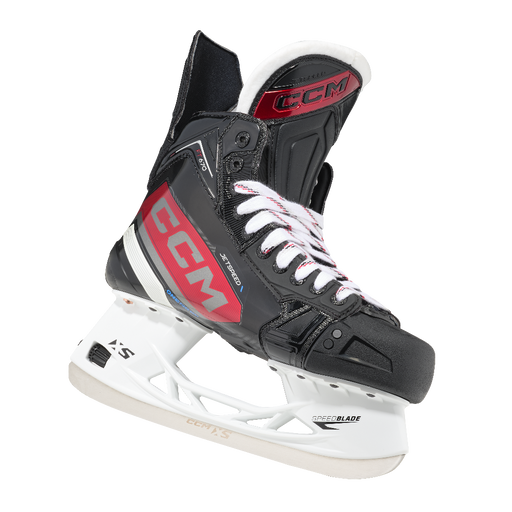 Black and red skates, with white and red laces.