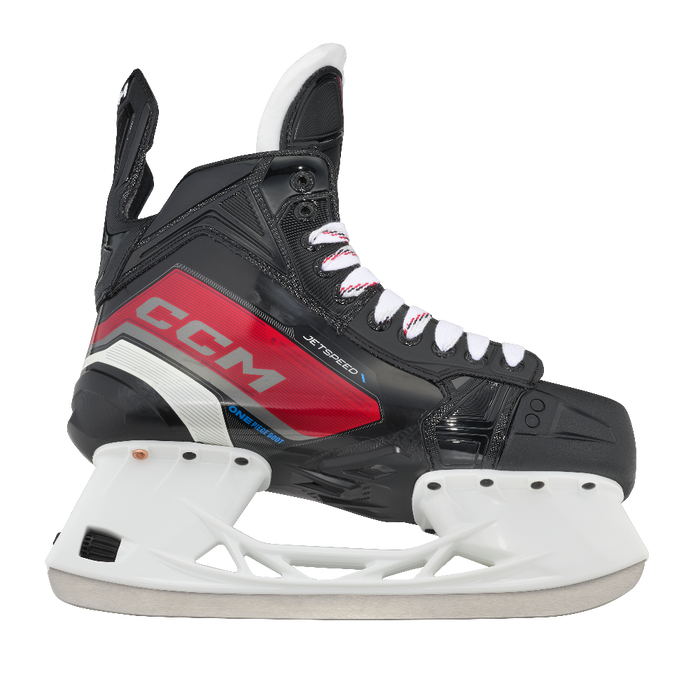 Black and red skates, with white and red laces.