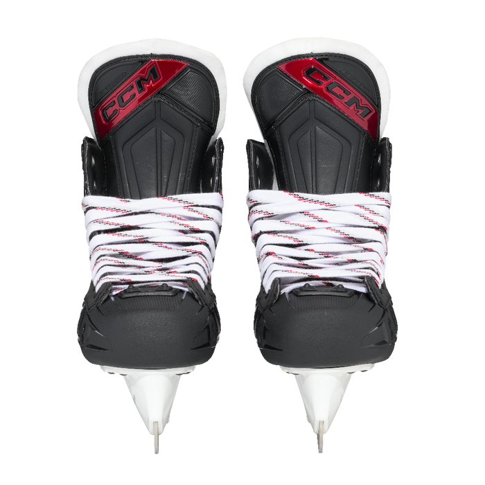 Black and red skates, with white and red laces.