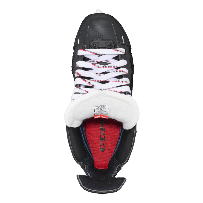 Black and red skates, with white and red laces.