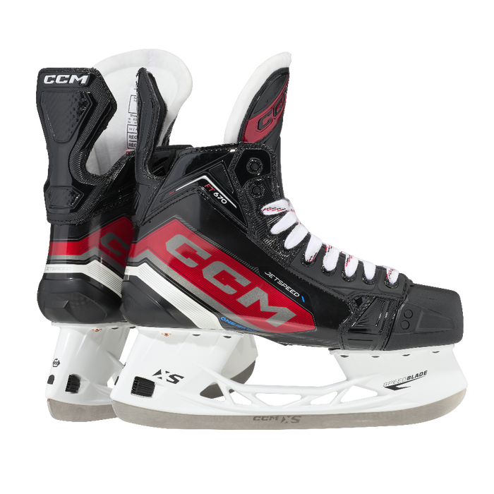 Black and red skates, with white and red laces.