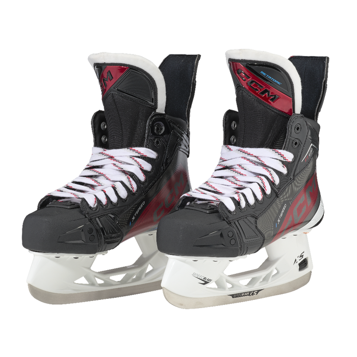 Black and red skates, with white and red laces.