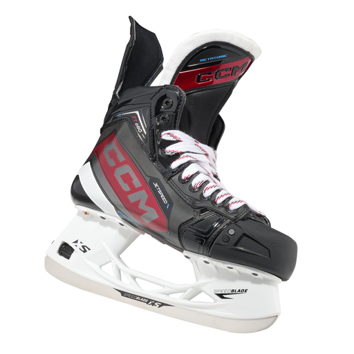 Black and red skates, with white and red laces.