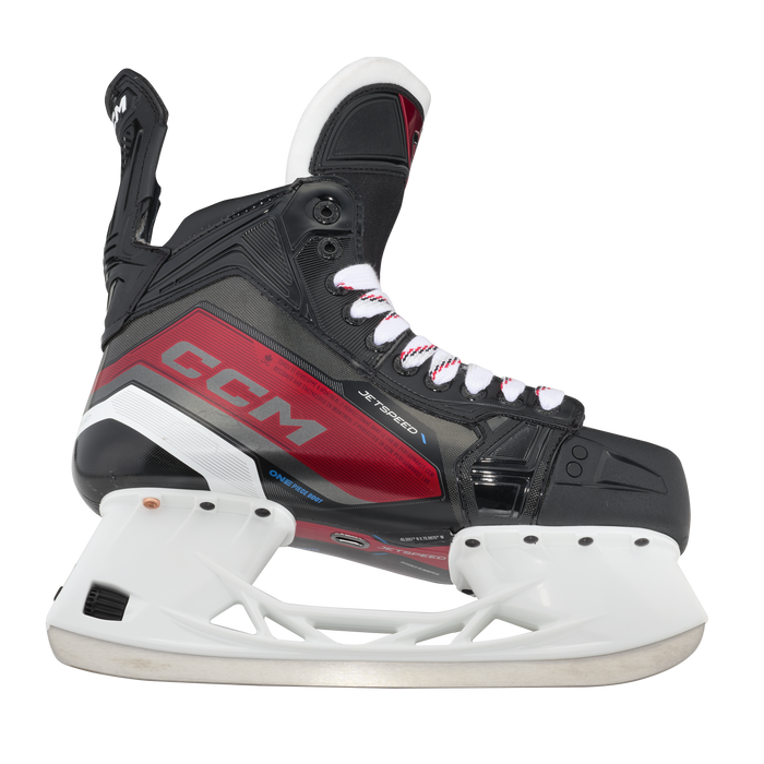 Black and red skates, with white and red laces.