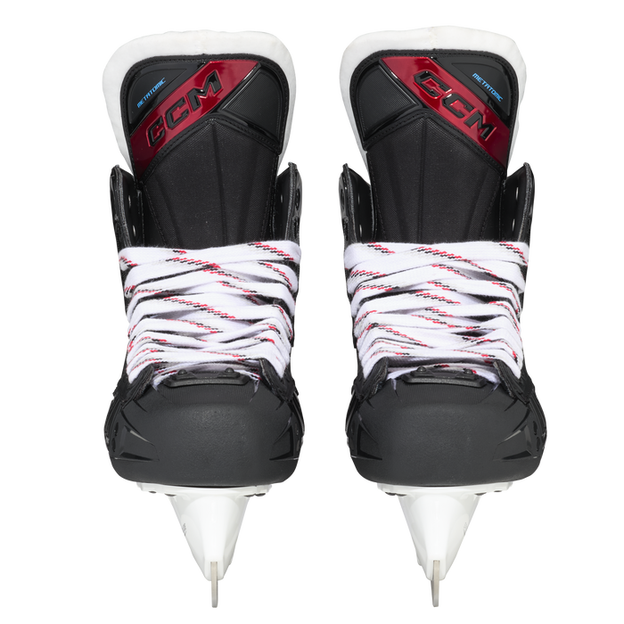 Black and red skates, with white and red laces.