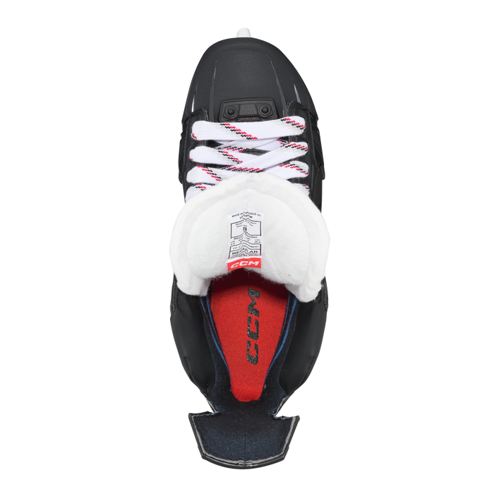 Black and red skates, with white and red laces.