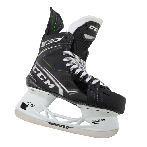 Black skates, with small green features. White laces and black lining
