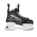 Black skates with gold accents, white laces and black lining