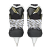 Black skates with gold accents, white laces and black lining