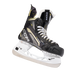 Black skates with gold accents, white laces and black lining