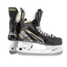 Black skates with gold accents, white laces and black lining
