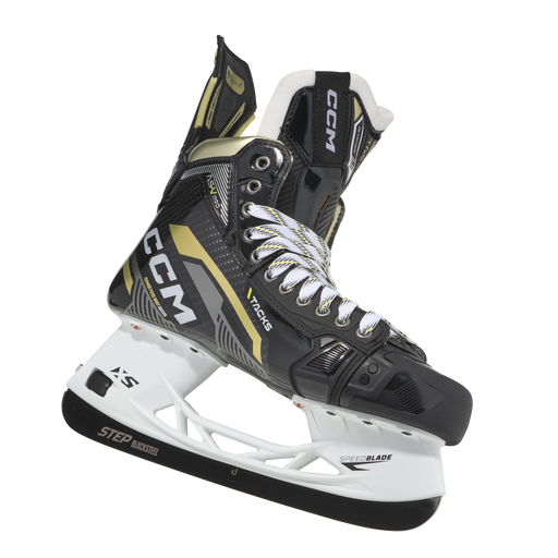 Black skates with gold accents, white laces and black lining