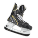 Black skates with gold accents, white laces and black lining