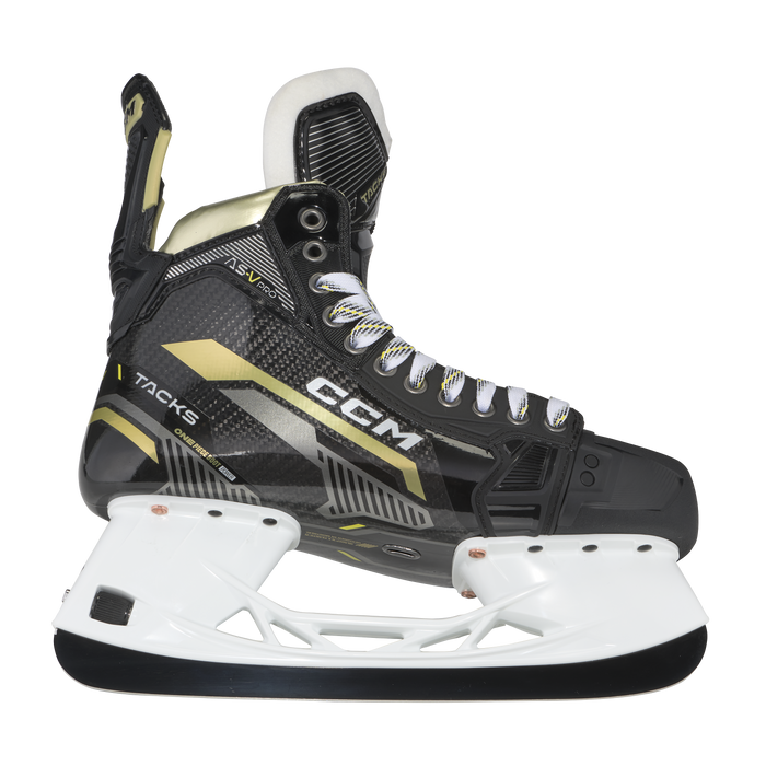 Black skates with gold accents, white laces and black lining