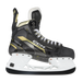 Black skates with gold accents, white laces and black lining