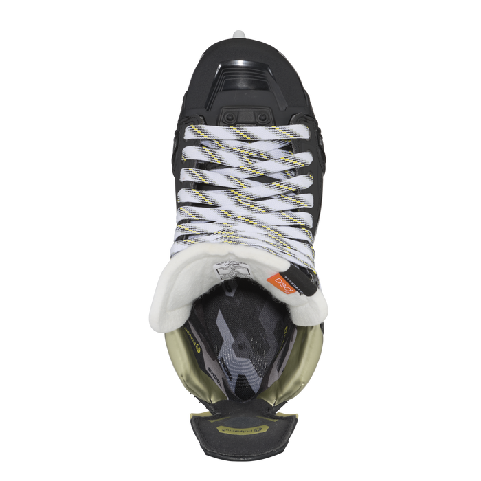 Black skates with gold accents, white laces and black lining