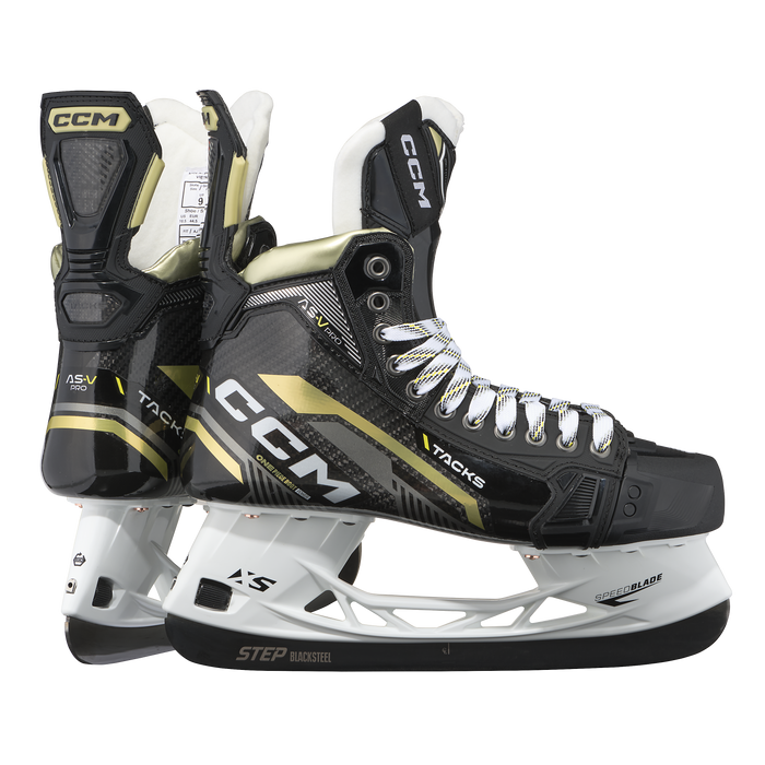 Black skates with gold accents, white laces and black lining