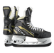 Black skates with gold accents, white laces and black lining