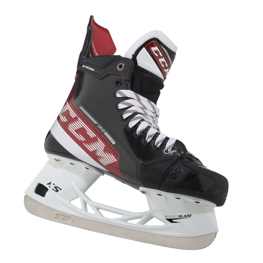 Black and red skates, with white and red laces and red lining