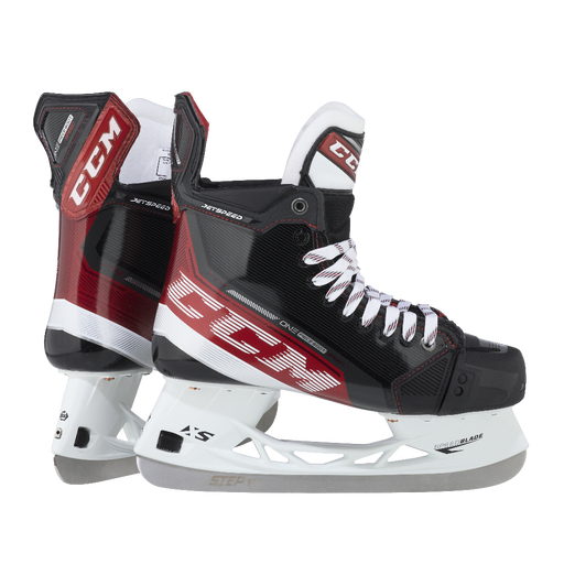 Black and red skates, with white and red laces and red lining