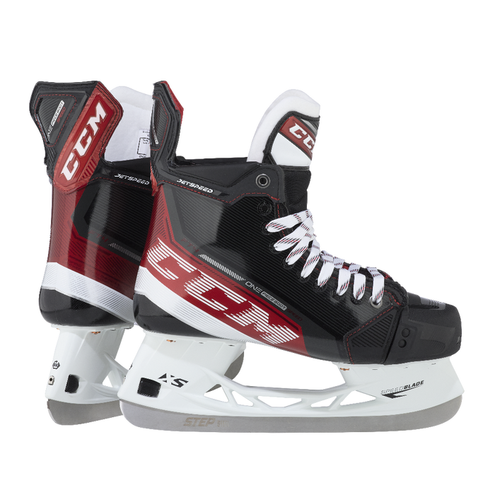 Black and red skates, with white and red laces and red lining