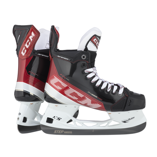 Black and red skates, with white and red laces and red lining