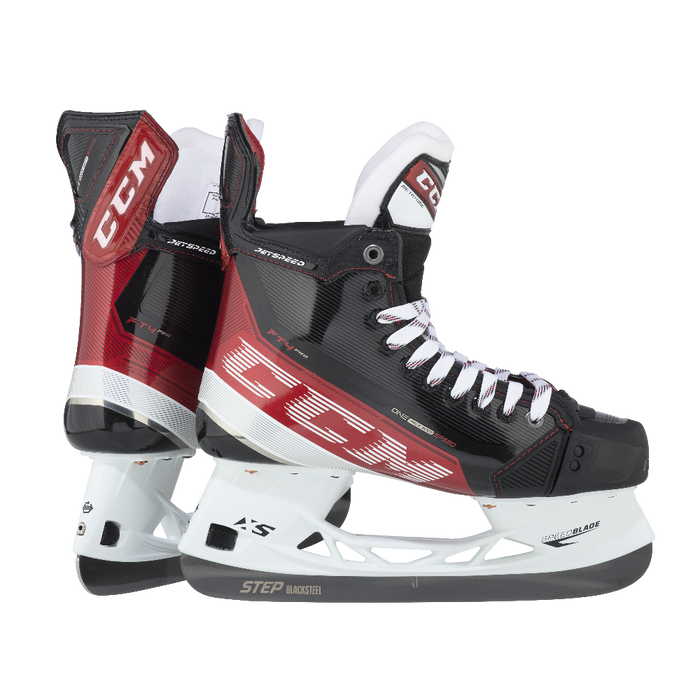 Black and red skates, with white and red laces and red lining