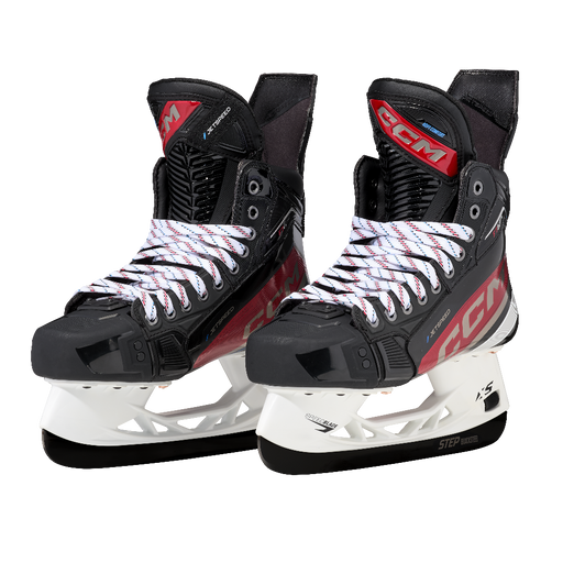 Black and red skates, with white and red laces.